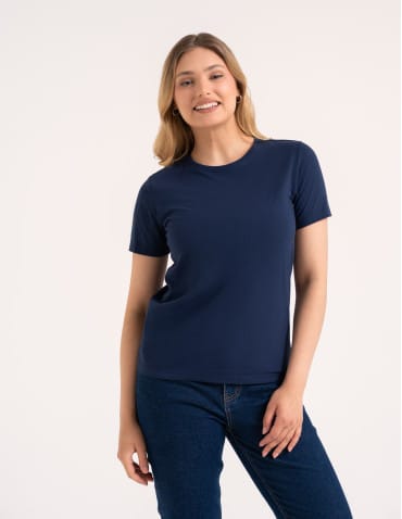 Koszulki i T-shirty - Koszulka damska bawełna Premium T-shirt dekolt okrągły GRANATOWY - produkt 5
