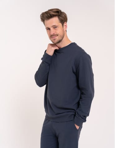 Bluzy dresowe - Bluza męska bawełniana klasyczna bez kaptura gładka GRANATOWY - produkt 3