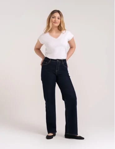 Jeansy damskie Wide Leg wygodne z wysokim stanem i z szeroką nogawką - GRANATOWY