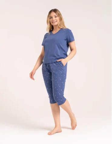 Wygodna piżama damska bawełniana 3/4 capri w gwiazdki - JEANS