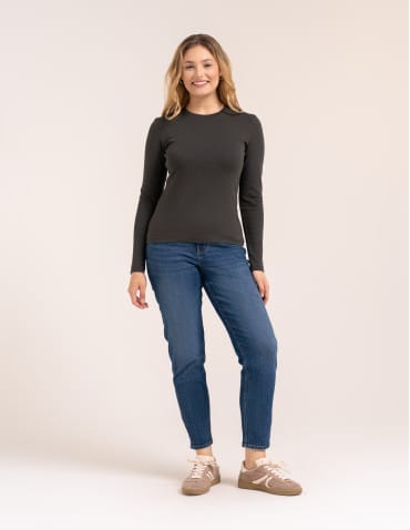 Bluzki z długim rękawem - Bawełniana bluzka damska gładka longsleeve z długim rękawem BRĄZOWY - produkt 3