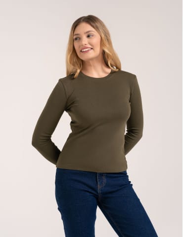 Bluzki z długim rękawem - Bawełniana bluzka damska gładka longsleeve z długim rękawem ZIELONY - produkt 1