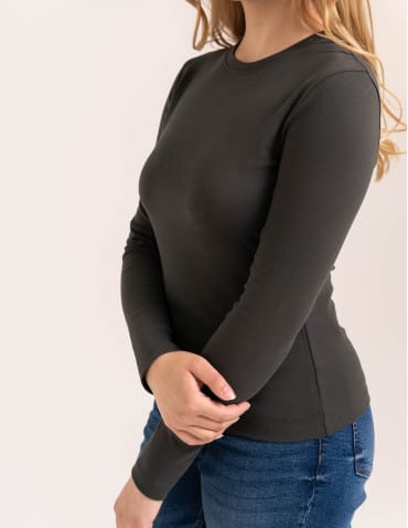 Bluzki z długim rękawem - Bawełniana bluzka damska gładka longsleeve z długim rękawem BRĄZOWY - produkt 6