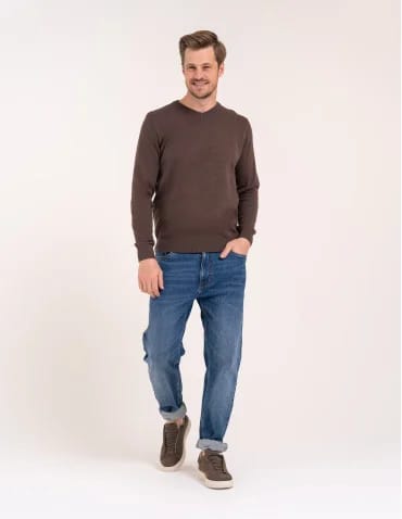 Męski sweter 100% bawełniany klasyczny o prostym kroju - Ciemny brązowy - produkt 2