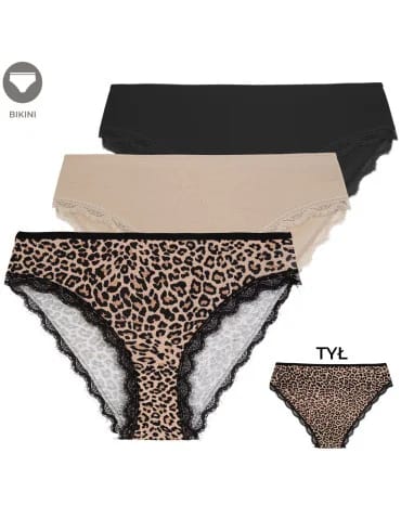 Figi damskie bikini w delikatny prążek z koronką zestaw 3-pak