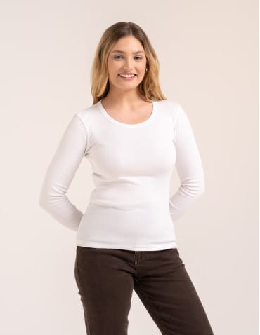 Bluzki z długim rękawem - Bluzka damska z długim rękawem bawełna organiczna prążkowana koszulka longsleeve dopasowana gładka BIAŁY - produkt 1