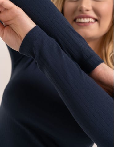 Bluzki z długim rękawem - Bluzka damska z długim rękawem bawełna organiczna prążkowana koszulka longsleeve dopasowana gładka GRANATOWY - produkt 5