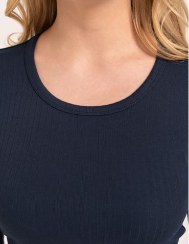 Bluzki z długim rękawem - Bluzka damska z długim rękawem bawełna organiczna prążkowana koszulka longsleeve dopasowana gładka GRANATOWY - produkt 2
