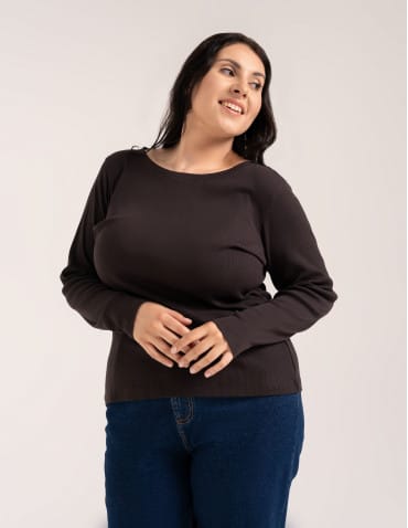 Bluzki z długim rękawem - Bluzka damska bawełniana w prążek longsleeve CIEMNY BRĄZ - produkt 9