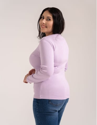 Bluzki z długim rękawem - Bluzka damska z długim rękawem bawełna organiczna prążkowana koszulka longsleeve dopasowana gładka FIOLETOWY - produkt 9