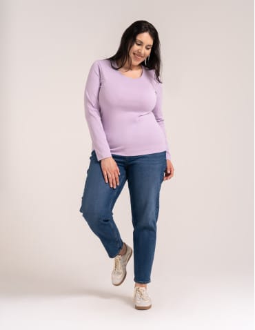 Bluzki z długim rękawem - Bluzka damska z długim rękawem bawełna organiczna prążkowana koszulka longsleeve dopasowana gładka FIOLETOWY - produkt 7