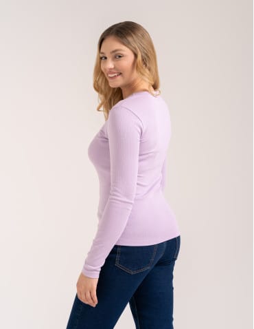 Bluzki z długim rękawem - Bluzka damska z długim rękawem bawełna organiczna prążkowana koszulka longsleeve dopasowana gładka FIOLETOWY - produkt 4