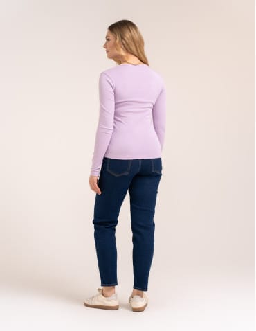 Bluzki z długim rękawem - Bluzka damska z długim rękawem bawełna organiczna prążkowana koszulka longsleeve dopasowana gładka FIOLETOWY - produkt 5