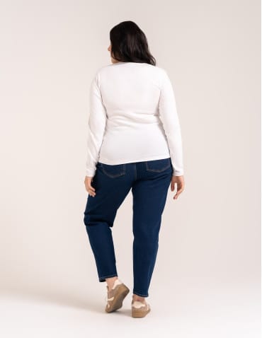 Bluzki z długim rękawem - Bluzka damska z długim rękawem bawełna organiczna prążkowana koszulka longsleeve dopasowana gładka BIAŁY - produkt 11