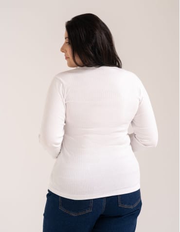 Bluzki z długim rękawem - Bluzka damska z długim rękawem bawełna organiczna prążkowana koszulka longsleeve dopasowana gładka BIAŁY - produkt 10