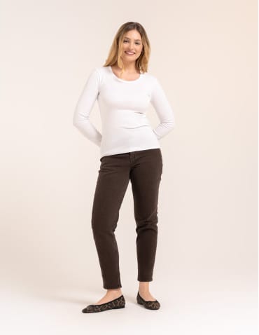 Bluzki z długim rękawem - Bluzka damska z długim rękawem bawełna organiczna prążkowana koszulka longsleeve dopasowana gładka BIAŁY - produkt 3