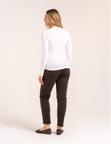 Bluzki z długim rękawem - Bluzka damska z długim rękawem bawełna organiczna prążkowana koszulka longsleeve dopasowana gładka BIAŁY - produkt 7