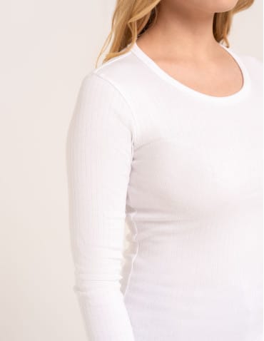 Bluzki z długim rękawem - Bluzka damska z długim rękawem bawełna organiczna prążkowana koszulka longsleeve dopasowana gładka BIAŁY - produkt 5