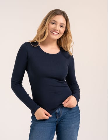 Bluzki z długim rękawem - Bluzka damska z długim rękawem bawełna organiczna prążkowana koszulka longsleeve dopasowana gładka GRANATOWY - produkt 6