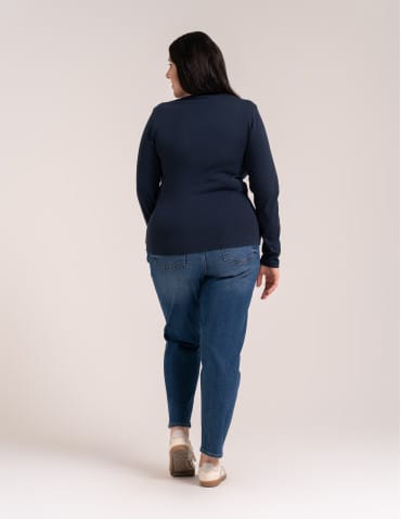 Bluzki z długim rękawem - Bluzka damska z długim rękawem bawełna organiczna prążkowana koszulka longsleeve dopasowana gładka GRANATOWY - produkt 12