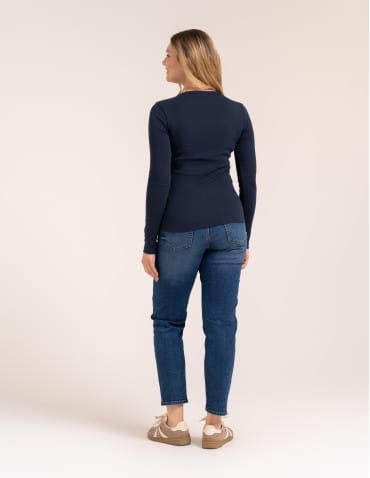 Bluzki z długim rękawem - Bluzka damska z długim rękawem bawełna organiczna prążkowana koszulka longsleeve dopasowana gładka GRANATOWY - produkt 8