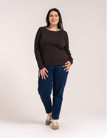 Bluzki z długim rękawem - Bluzka damska bawełniana w prążek longsleeve CIEMNY BRĄZ - produkt 8