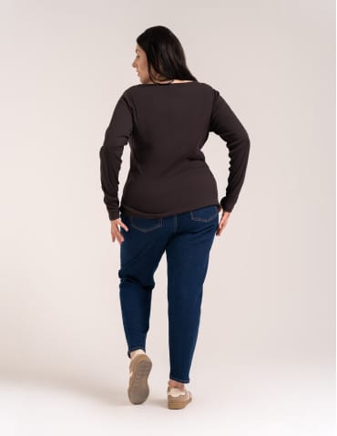 Bluzki z długim rękawem - Bluzka damska bawełniana w prążek longsleeve CIEMNY BRĄZ - produkt 11