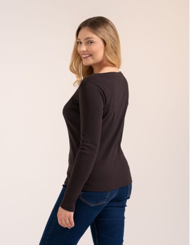 Bluzki z długim rękawem - Bluzka damska bawełniana w prążek longsleeve CIEMNY BRĄZ - produkt 5