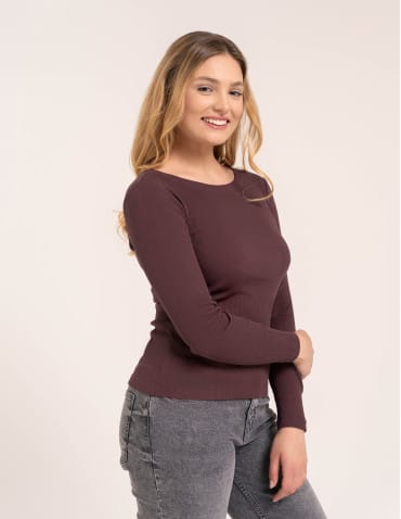 Bluzka damska bawełniana w prążek longsleeve - BRĄZ  - produkt 2