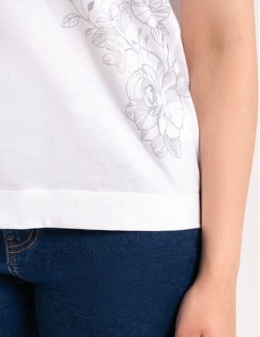 Bluzki z krótkim rękawem - Bluzka damska kimono bawełniana krój boxy z opadającym rękawem delikatny nadruk kwiatowy luźny t-shirt damski BIAŁY - produkt 11