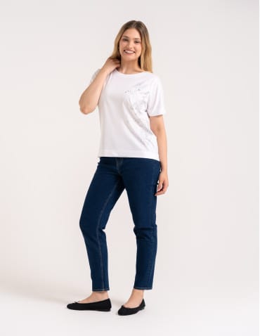 Bluzki z krótkim rękawem - Bluzka damska kimono bawełniana krój boxy z opadającym rękawem delikatny nadruk kwiatowy luźny t-shirt damski BIAŁY - produkt 6