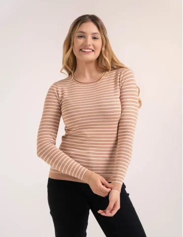 Sweter damski z wiskozy w paski i okrągłym dekoltem