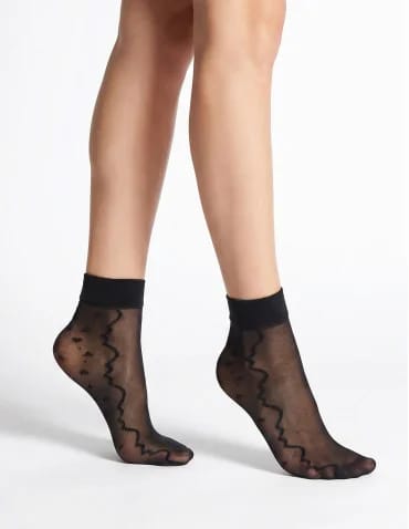 Skarpetki tiulowe damskie eleganckie czarne ze wzorkiem