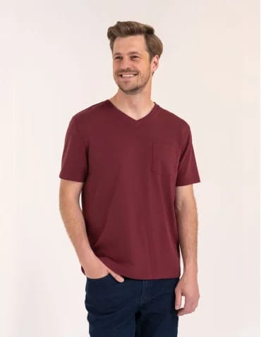 Koszulki z krótkim rękawem - Męski t-shirt bawełniany z dekoltem V na krótki rękaw z kieszonką BORDOWY - produkt 1