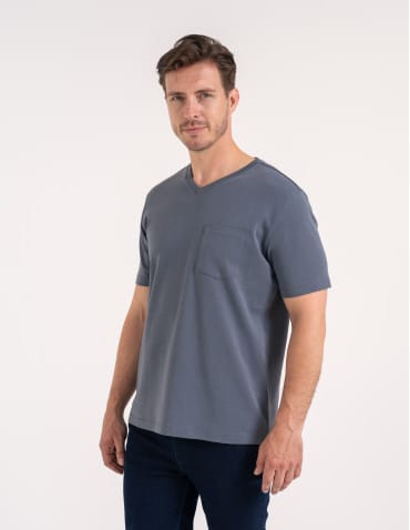 Koszulki z krótkim rękawem - Męski t-shirt bawełniany z dekoltem V na krótki rękaw z kieszonką SZARY - produkt 2