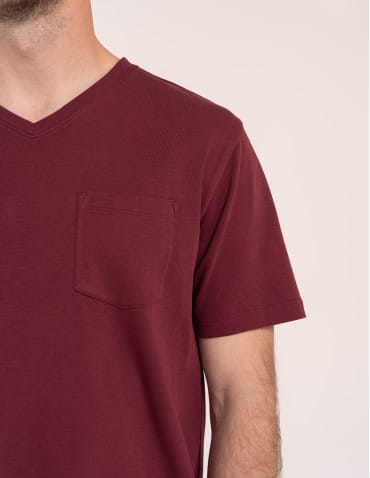 Koszulki z krótkim rękawem - Męski t-shirt bawełniany z dekoltem V na krótki rękaw z kieszonką BORDOWY - produkt 2