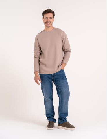 Męski longsleeve bawełniany 100% z długim rękawem o waflowej strukturze - BEŻOWY