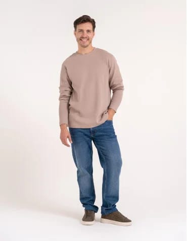 Męski longsleeve bawełniany 100% z długim rękawem o waflowej strukturze - BEŻOWY