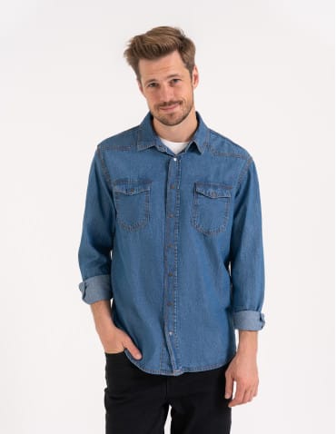 Mężczyzna - Koszula męska jeansowa denim klasyczna NIEBIESKI - produkt 7
