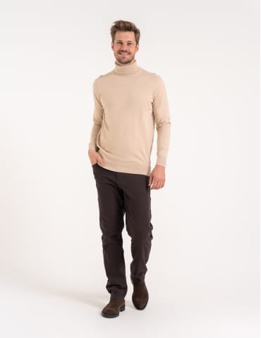 Swetry męskie - Sweter męski golf bawełniany BEŻOWY - produkt 4