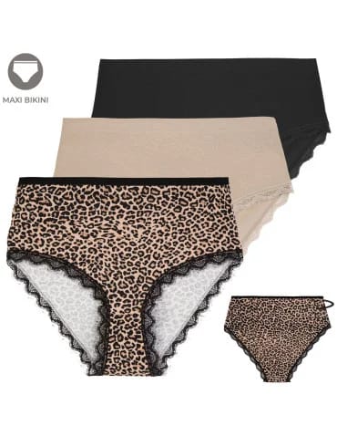 Figi damskie maxi bikini bawełniane w panterkę majtki z koronkowym wykończeniem 3-pak