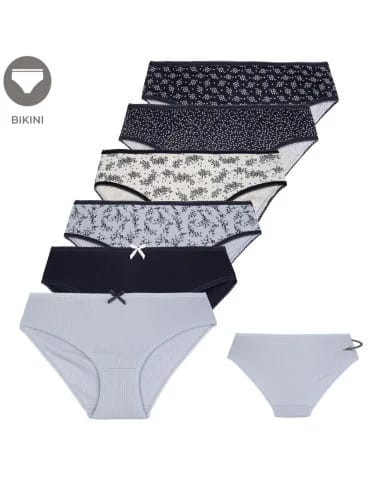 Wygodne figi damskie bikini bawełniane gładkie i wzorzyste w kwiatki zestaw 6-pak