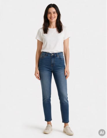 Nowości - Spodnie jeansowe damskie Mom Slim z wysokim stanem NIEBIESKI - produkt 2