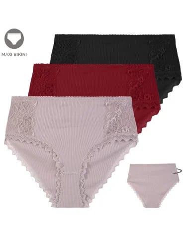 Figi damskie maxi bikini prążkowane majtki z wysokim stanem z koronkową wstawką 3-pak