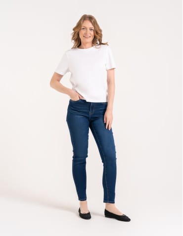 Jeansy - Wygodne jeansy damskie Slim Fit elastyczne skinny dopasowane CIEMNY NIEBIESKI - produkt 4