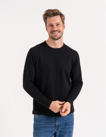 Koszulki i Tank Topy - Koszulka męska longsleeve ze strukturą i okrągłym CZARNY - produkt 2
