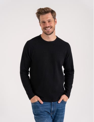 Koszulki i Tank Topy - Koszulka męska longsleeve ze strukturą i okrągłym CZARNY - produkt 3