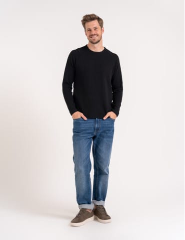 Koszulki i Tank Topy - Koszulka męska longsleeve ze strukturą i okrągłym CZARNY - produkt 6