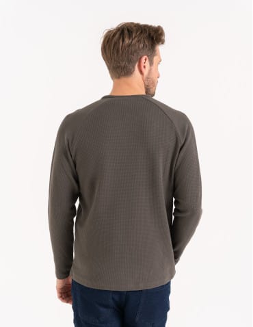 Koszulki i Tank Topy - Koszulka męska longsleeve ze strukturą i okrągłym KHAKI - produkt 2