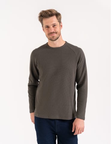 Koszulki i Tank Topy - Koszulka męska longsleeve ze strukturą i okrągłym KHAKI - produkt 3